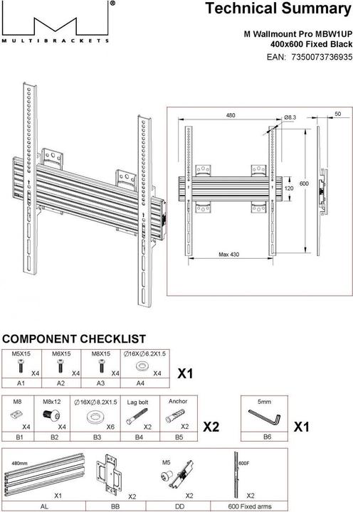 Actual product image Multibrackets Wall mount, 40"-100", VESA 100x100-400x600 (Wall, 100", 80 kg)
