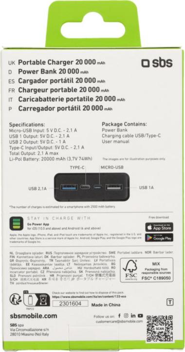 Energy Label SBS Fast Charge Powerbank (20000 mAh, 10 W, 74 Wh)