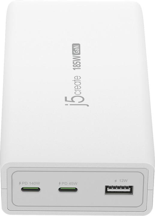Actual product image j5Create JUP37185W 185W GaN PD 3.1 USB-C® 3-Port Charger-UK, Black, Indoor, AC, 20 V, White (185 W)