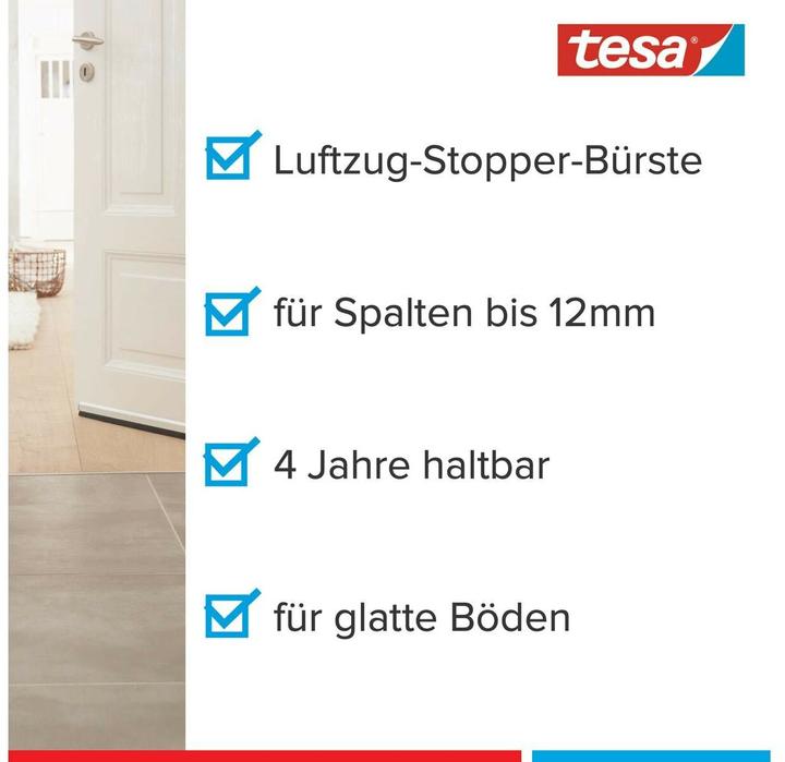 Produktbild tesa tesamoll STANDARD Türdichtschiene, selbstklebende Türdichtung für glatte Böden (0.10 kg, Weiss)