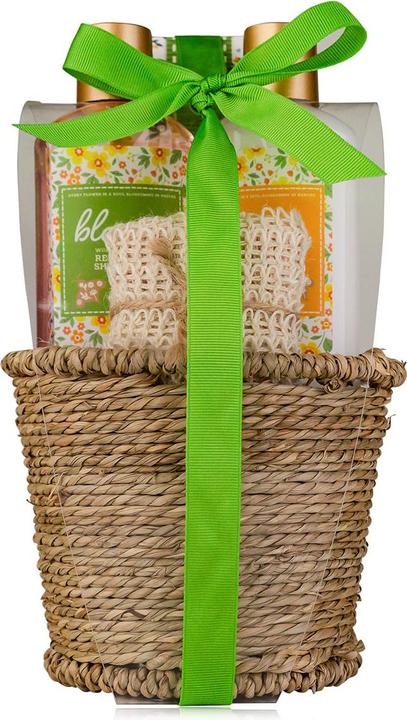 Actual product image Accentra BLOSSOM bath set in seagrass basket, incl. 150ml shower gel, 150ml body lotion, 150g bath salts (Body care set, Hair care set)