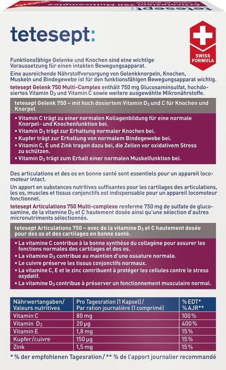 Nährwerte und Zutaten Tetesept Gelenk 750 Multi-Complex (30 Stück, Tabletten)