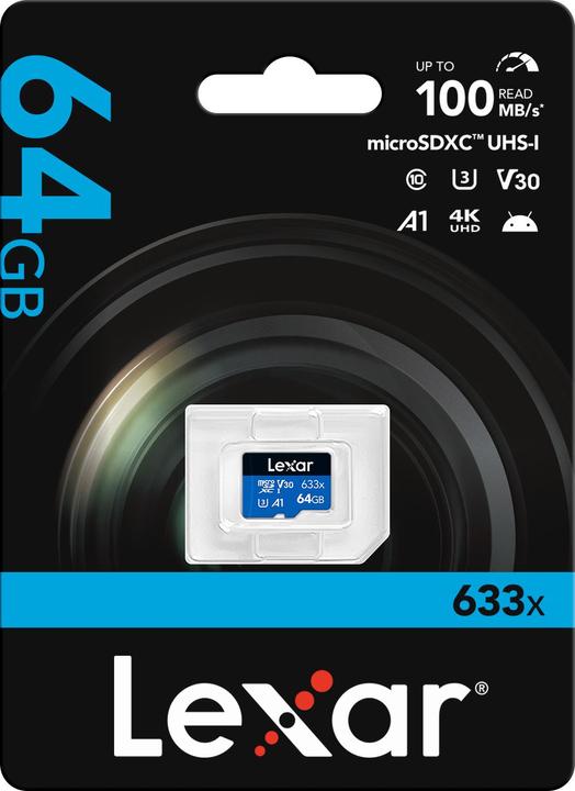 Actual product image Lexar 64GB High-Performance 633x microSDXC UHS-I, up to 100MB/s read 20MB/s write (64 GB, microSDXC, U3, UHS-I)
