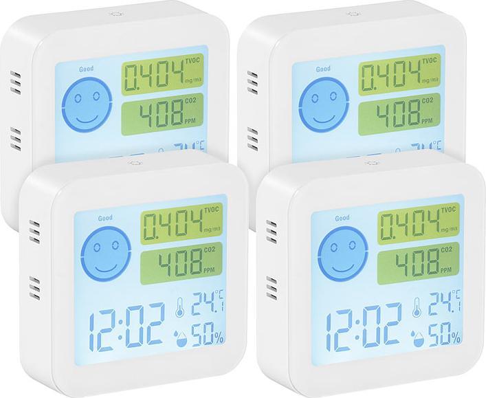 Produktbild Infactory 4er-Set TVOC- & CO2-Messgeräte mit Uhr, Temperatur, Luftfeuchtigkeit