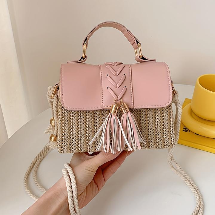 Immagine prodotto Only-Bags.Store Borse di paglia intrecciata con decorazioni di nappe, mini borsa da spiaggia con cinturino, manico