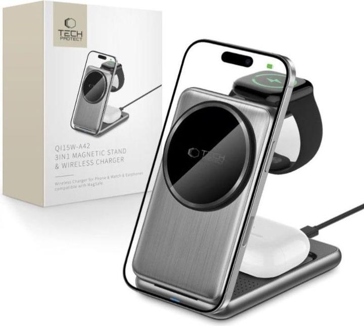 Image du produit Tech-Protect Dock station Universal QI15W-A42 3IN1 MAGNETIC MAGSAFE WIRELESS CHARGER Space Gray