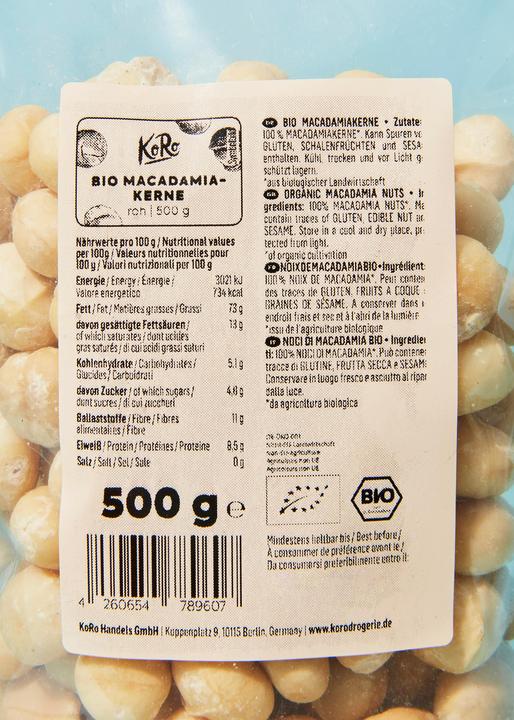 Nährwerte und Zutaten KoRo Bio Macadamiakerne (500 g)