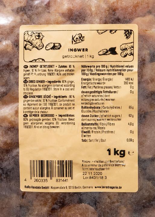 Nährwerte und Zutaten KoRo Ingwerstücke getrocknet, gezuckert & ungeschwefelt (1000 g)