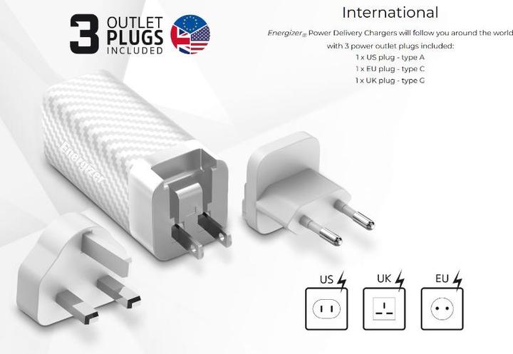 Immagine prodotto Energizer Caricabatterie Power Delivery - 65 W - UE/UK/US incluso cavo USB-C a USB-C (65 W)