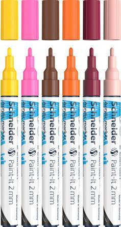 Produktbild Schneider Paint-It Acrylstifte (Set 3 mit 2 mm Rundspitze, hochdeckende Acrylfarben für Holz, Leinwa (Pink, Gelb, Braun, Apricot, Burgundrot, Orange, 2 mm, 6 x)