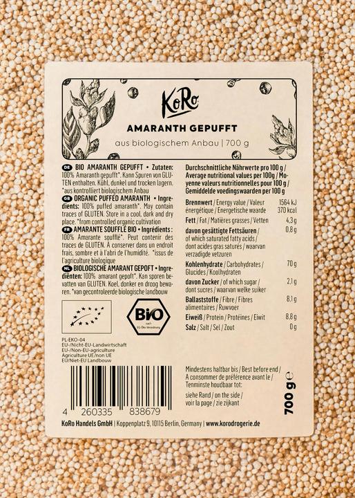 Valeurs nutritives et ingrédients KoRo Amarante soufflée bio (700 g)