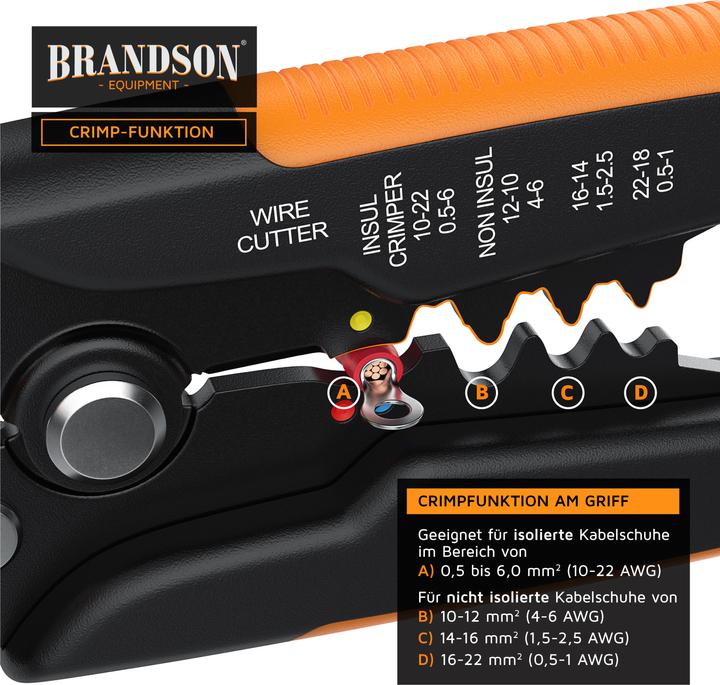 Produktbild Brandson Abisolierzange selbsteinstellend, 10-24 AWG, Crimpzange zum Abisolieren, Kabelschneider 0,2 - 6mm² ⌀ (210 mm)