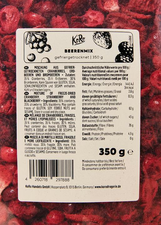 Nutritional values and ingredients KoRo Berries mix (350 g)
