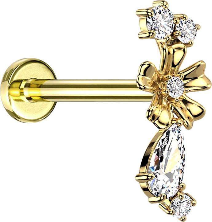 Produktbild Star Piercing Micro Labret Innengewinde vergoldet Blume vier Kristalle und Kristalltopfen silber (Chirurgenstahl 316L, Messing)