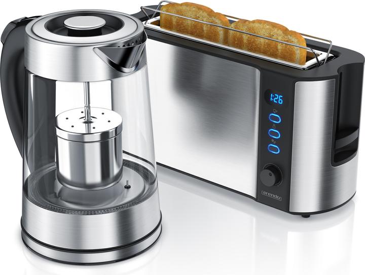 Produktbild Arendo Frühstücks Set, Glas Wasserkocher 1,7l mit Teesieb & 2-Scheiben Langschlitz Toaster, Edelstahl (1.70 l)