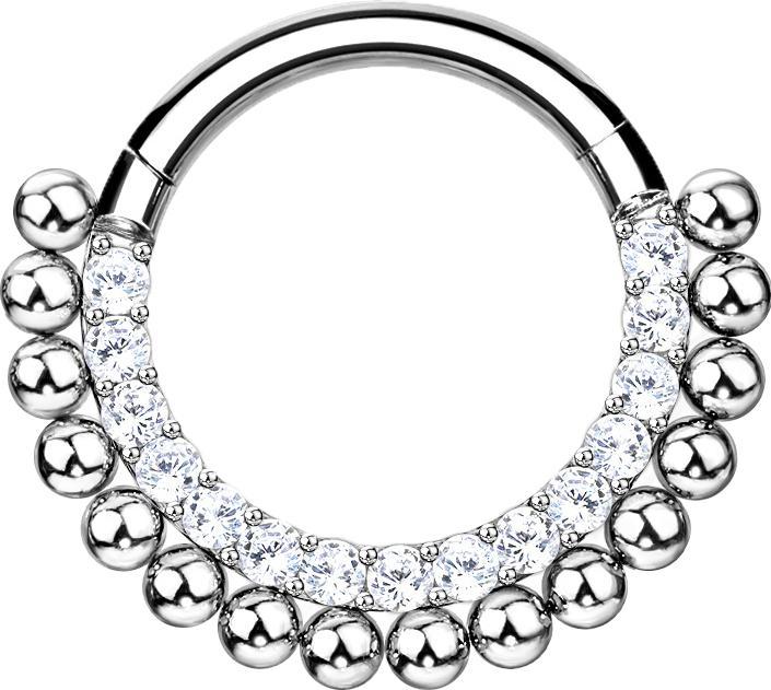 Star Piercing Micro Segmentring klappbar silber front Kristalle silber und Kugeln (ohne Messing, Titan G23)