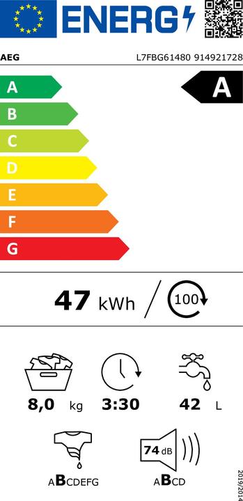 Label énergétique AEG L7FBG61480 Lave-linge à chargement frontal (8 kg, Gauche)