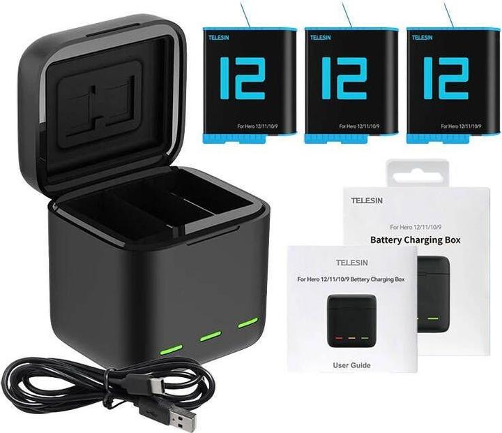 Actual product image Telesin Three-channel box charger + 3 batteries (GoPro Hero 11, GoPro Hero 9, GoPro Hero 12, GoPro Hero 10)