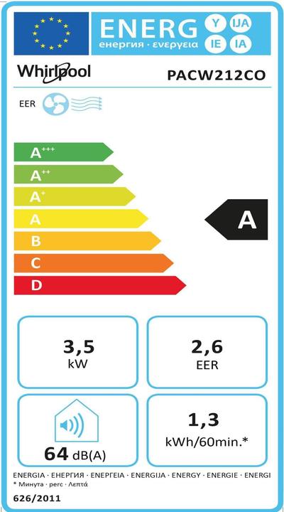 Label énergétique Whirlpool PACW212CO (35 m², 12000 BTU/h)
