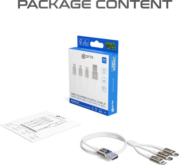 Produktbild prio 3in1 Micro USB & USB C & Lightning zu USB A Kabel 3A 1,2m weiss (1.20 m)