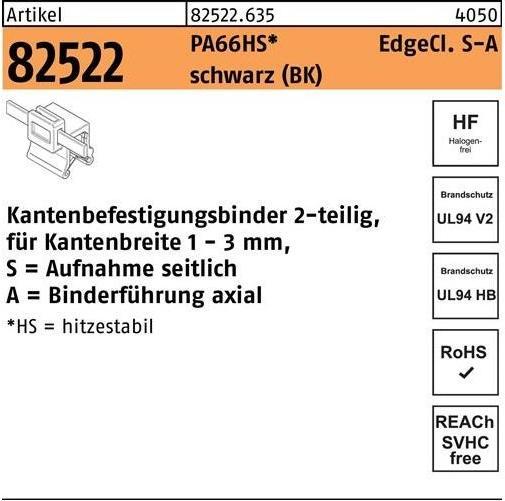 Image du produit HellermannTyton Lanières R 82522 avec Edgeclip 4,6 x 200/45 PA66HS noir latéral-axial (Boucles de fixation, 200 mm, 500 pcs)