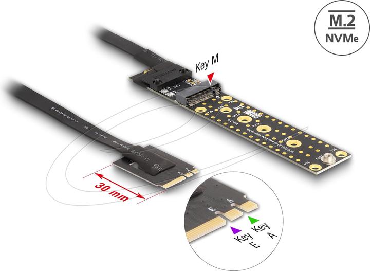 Produktbild Delock Riser Karte NVMe M.2 Key A+E Stecker zu Key M Slot mit 20 cm Kabel