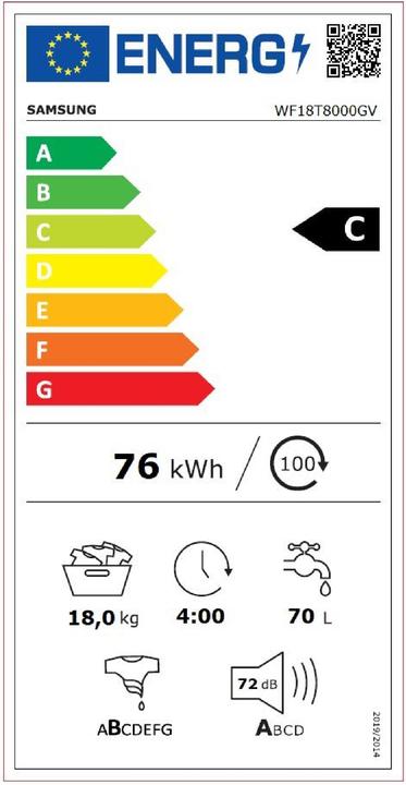 Energy Label Samsung WF18T8000GV Washing machine Free installation Front loading 18 kg 1100 rpm C Black (18 kg, Left)