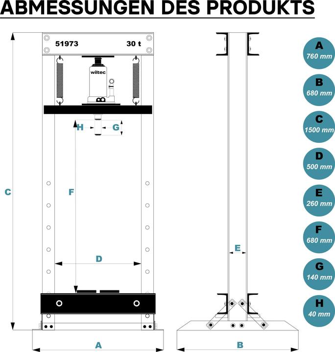 Immagine prodotto Wiltec 30T pressa idraulica da 500 mm per officina pressa a telaio pressa a perno in acciaio