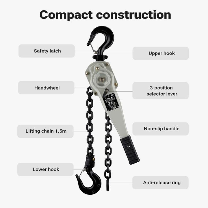Actual product image Wiltec Lever Hoist, Durable Hoist Can Lift up to 3 Tonnes, Dual Brake System