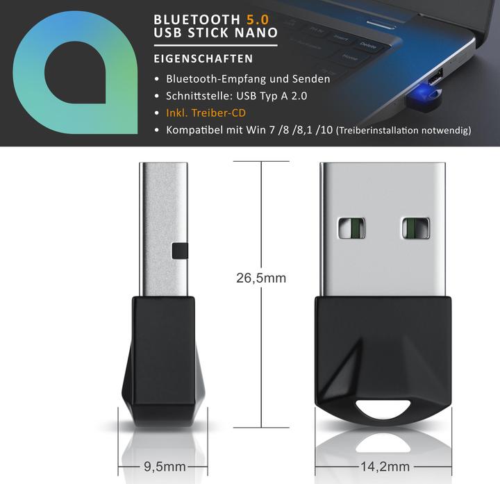 Produktbild Aplic Bluetooth 5.0 USB Adapter für PC/Laptop, Empfänger/Sender, Dongle kompatibel mit Windows 8.1/10/11 (Sender & Empfänger)