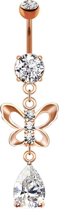 Produktbild Star Piercing Banane rosegold mit zwei Kugeln Kristall silber Anhänger Schmetterling und Kristalltropfen (Messing, Chirurgenstahl 316L)