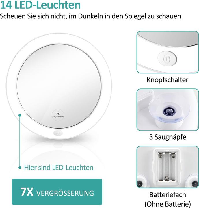 Produktbild Emke Kosmetikspiegel mit beleuchtung 7X Vergrösserung, Saugnapf, Batteriebetrieben, 165mm