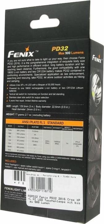 Actual product image Fenix Flashlight PD32 2016 Cree XP-L HI LED, battery included
