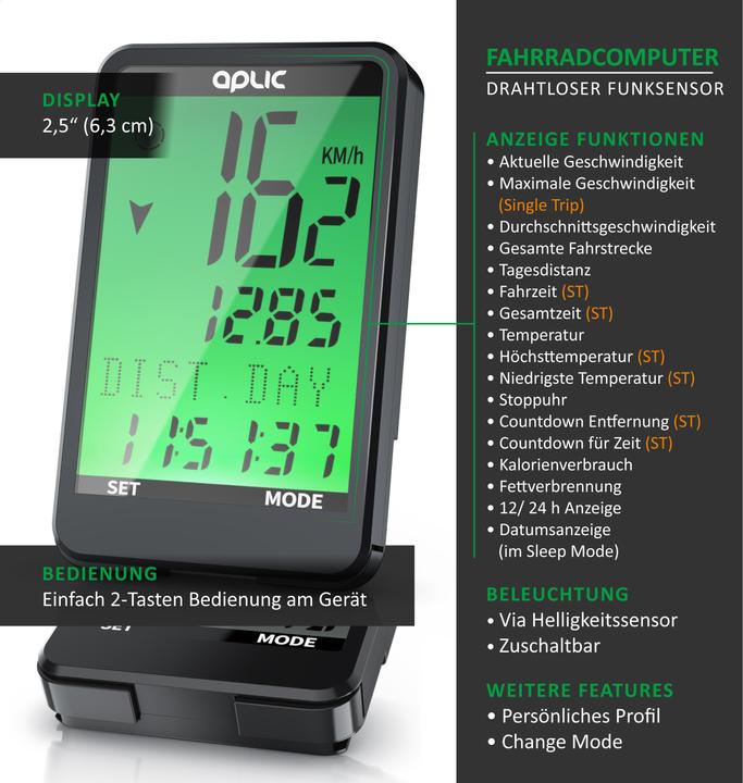 Produktbild Aplic Velocomputer, Fahrradcomputer, 17 Funktionen, kabellos, inkl. Geschwindigkeitssensor, Tachometer