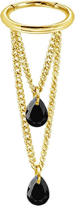 Star Piercing Micro Segmentring klappbar vergoldet Anhänger waagerecht zwei Ketten zwei Ovale Kristalle schwarz (Chirurgenstahl 316L, ohne Messing)