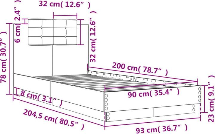 Produktbild VidaXL Bettgestell mit Kopfteil und LED-Leuchten 90 x 200cm (90 x 200 cm)