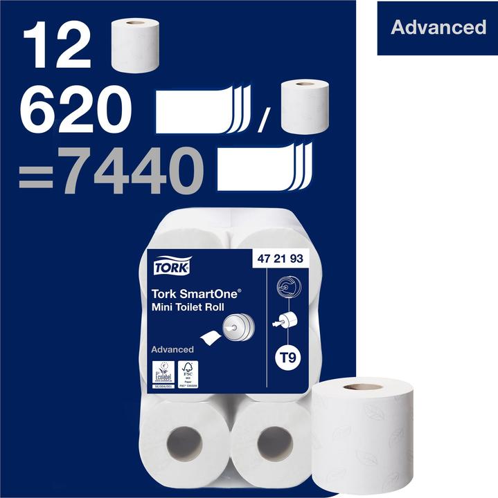 Produktbild Tork 472193 Toilettenpapier Lotus SmartOne mini Tissue weiss 620 Blatt # 297492, 12 Rollen/Ktn, 111m (12 x)