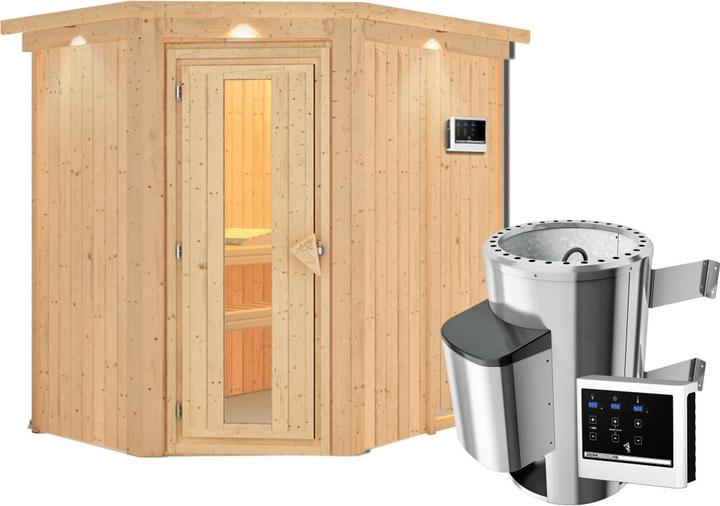 Karibu Sauna Caspin Eckeinstieg, Kranz (Plug & Play 3,6 KW externe Steuerung)