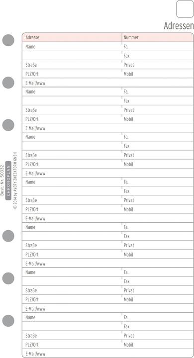 Produktbild Chronoplan Adressen Blatt (Spezial, Deutsch)