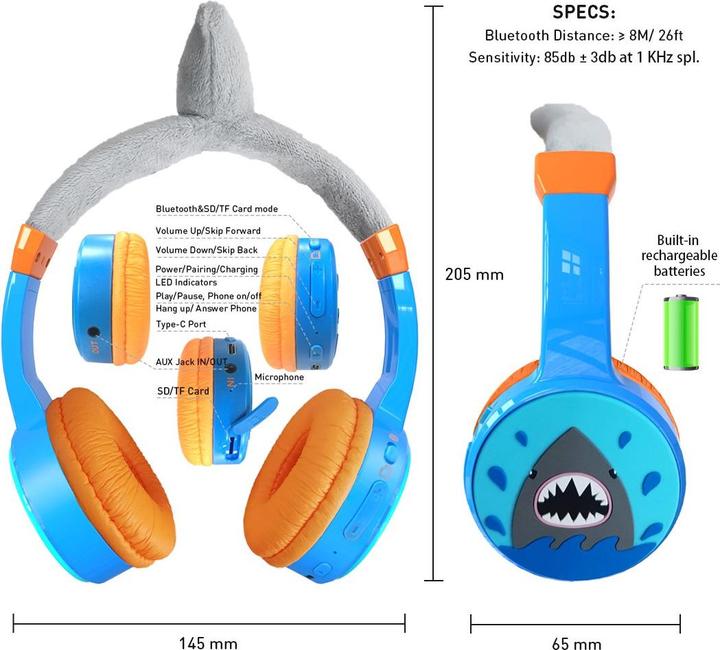 Produktbild PhoneLook Coole Wireless Bluetooth 5.3 Kopfhörer für Kinder mit gedämpfter Lautstärke 85dB und lustigem Design