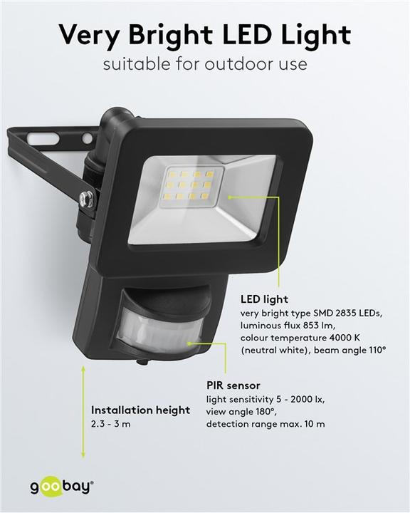 Actual product image Goobay LED outdoor spotlight, 10 W, with motion detector (850 lm, IP44)