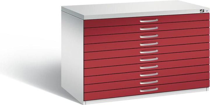 Productafbeelding C+P Tekenkast, DIN A1, 10 laden, hoogte 760 mm, lichtgrijs / robijnrood