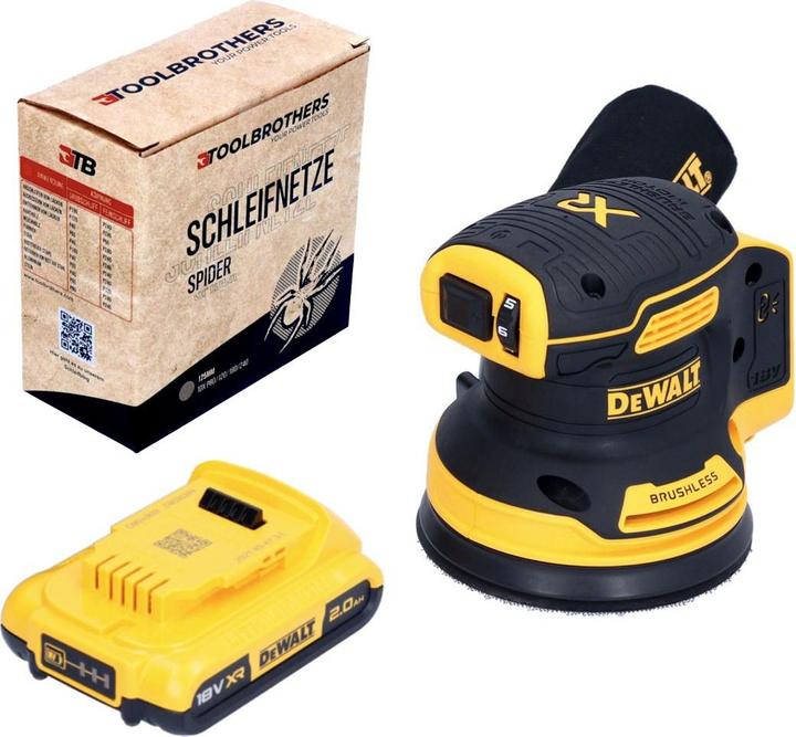 Actual product image DeWalt DCW 210 N Battery random orbital sander 18 V 125 mm Brushless + 1x battery 2.0 Ah + 1x Toolbrothers (Eccentric grinder)