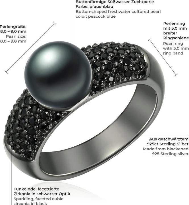 Immagine prodotto Valero Pearls Donna Argento 925 Cubic Zirconia Perle d'acqua dolce coltivate Nero - 2198 (64, 925 Argento)