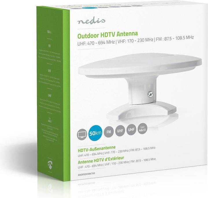 Actual product image Nedis Active HDTV antenna Active Connection type: F connector FM/UHF/VHF Reception range: 0-50 km LTE700 (46 dB, UKW / MW / LW, LTE, DVB-T / -T2)