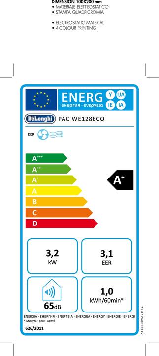 Label énergétique De'Longhi PAC WE128 Eco (44 m², 12500 BTU/h)