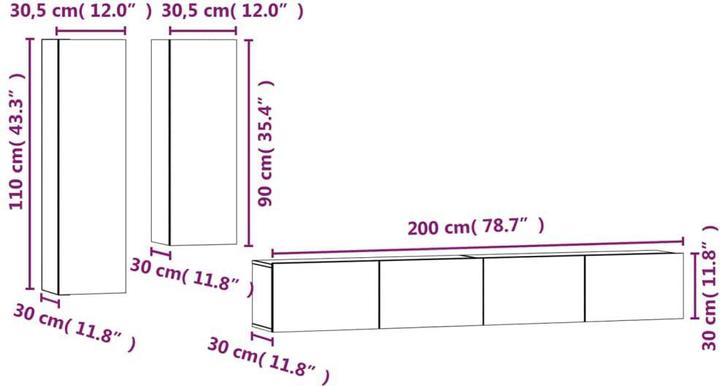 Actual product image VidaXL 4-tlg. TV-Schrank-Set Grau Sonoma Holzwerkstoff,Farbe: Grau (30 x 30 x 110 cm)