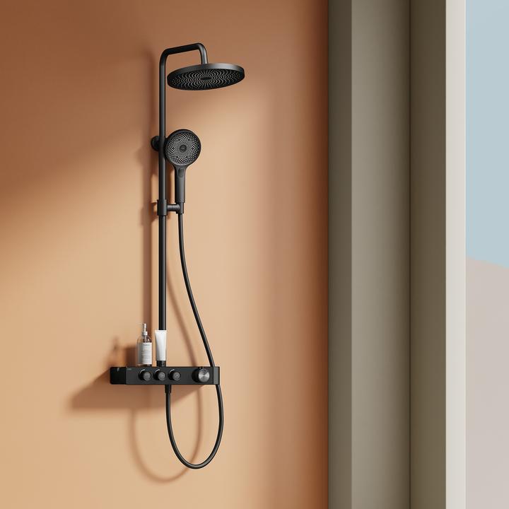 Produktbild Emke Duschsystem mit Thermostat Schwarz Matt Duscharmatur Komplettset Regendusche mit Armatur inkl 3 Stra