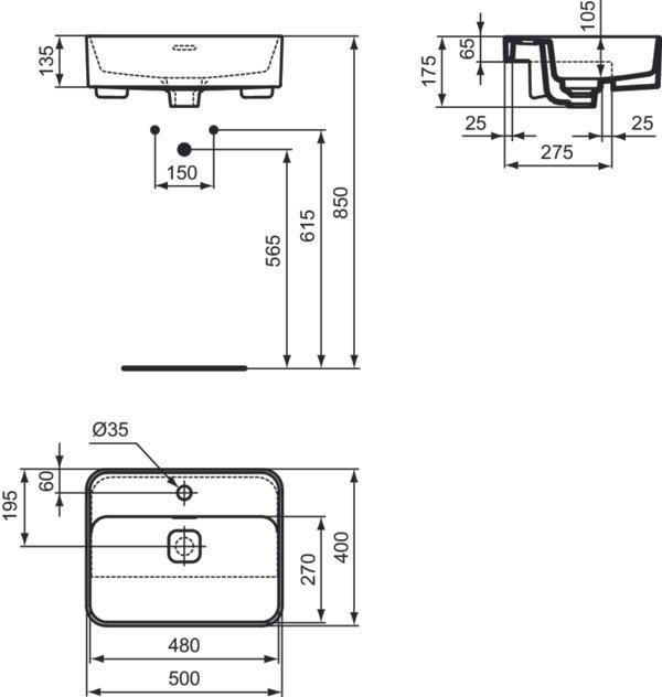 Actual product image Ideal Standard IDS semi-recessed washbasin STRADA II 500x400x175mm white (400 mm, 500 mm)