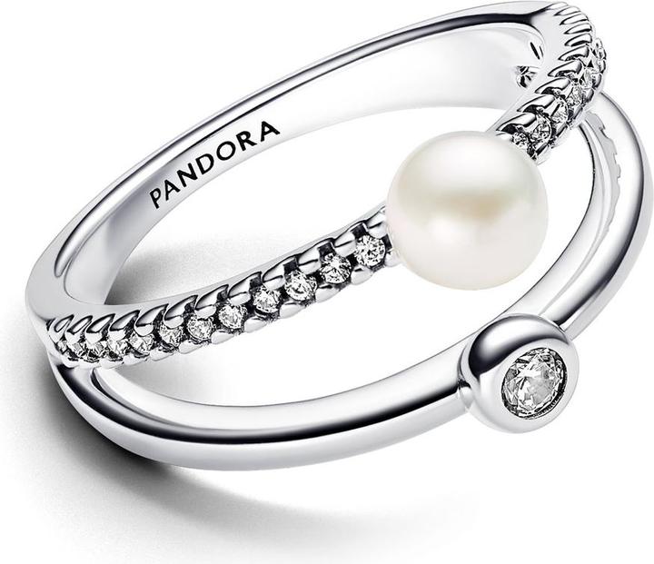 Image du produit Pandora Perle de culture d'eau douce traitée & bague pavée double bande (48, Argent 925)